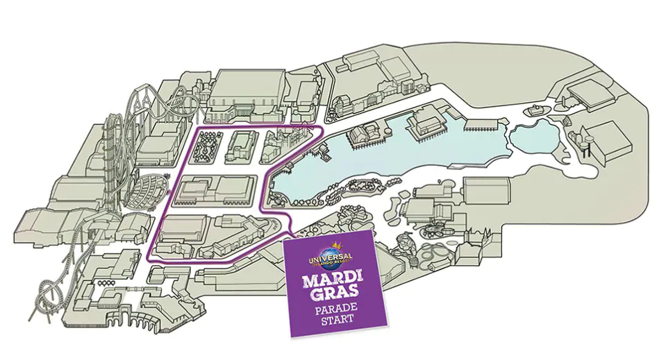 Universal Studios Orlando Mardi Gras Parade Route Screenshot from official Universal Orlando