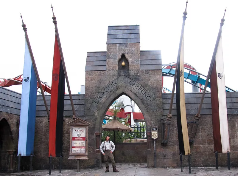 Dragon Challenge Roller Coaster Entrance at Universal Islands of Adventure at the Wizarding World of Harry Potter.