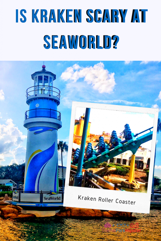 Is Kraken scary at Seaworld. Blue roller coaster against Florida sun.