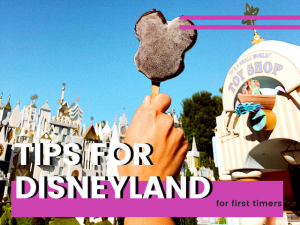 Disneyland tips for first timers with person holding a frozen Mickey Mouse Ear bar in front of it's a small world ride at Disneyland.