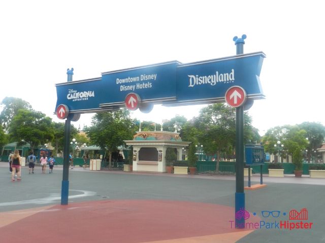 Disneyland and California Adventure blue sign to the entrance