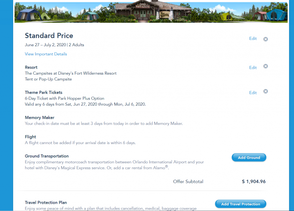 Step to add Disney Travel Insurance to Vacation Package