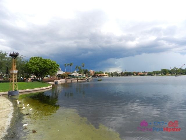 Rain on the horizon over World Showcase Lagoon at Epcot