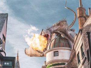 Dragon breathing fire on top of Gringotts Bank in Diagon at Universal Studios