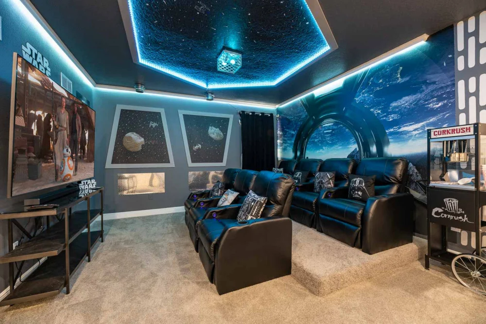 1400 Encore Resort Star Wars Themed Theater room. Keep reading to learn about Themed Vacation Rentals Near Disney World.