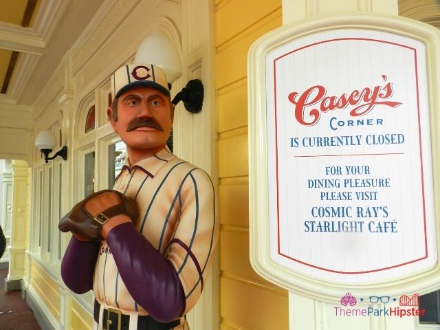 Magic Kingdom Halloween Casey's Corner with Baseball Guy. One of the Best Magic Kingdom Restaurants