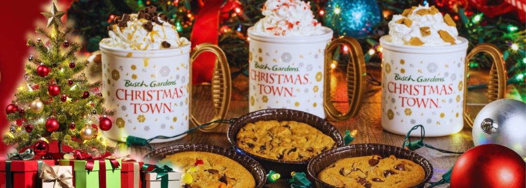 Busch Gardens Christmas Town Food with Deep Dish Chocolate Chips and Hot Cocoa. One of the best things to eat at Christmas Town.