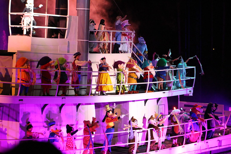 Fantasmic Show at Disney World with the characters on a white boat