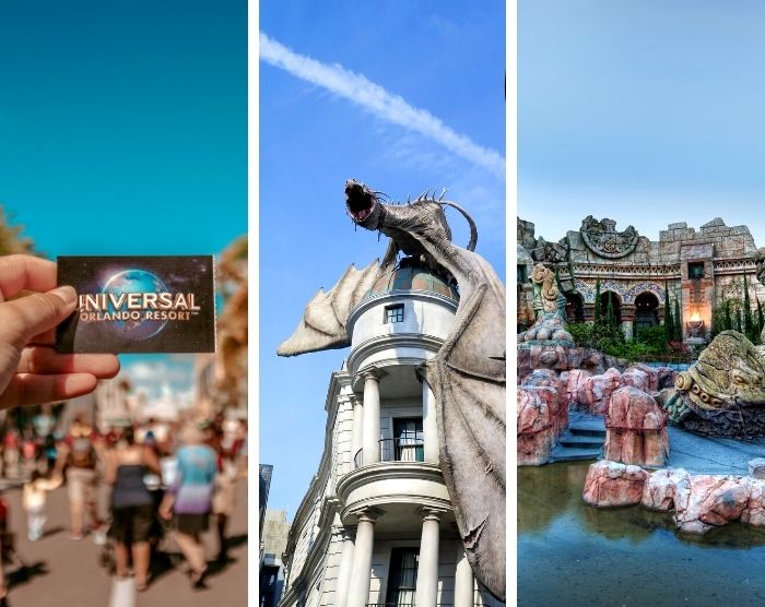 Universal Studios Groupon Deals and Discounts with person holding up ticket next to dragon in diagon alley. Search online to find good cheap, discount Universal Orlando tickets.
