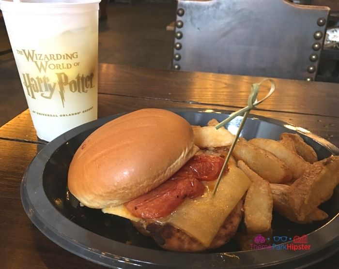 Grill Chicken Sandwich in Leaky Cauldron in Diagon Alley at Harry Potter World Universal. Keep reading to get The Best Wizarding World of Harry Potter Itinerary.