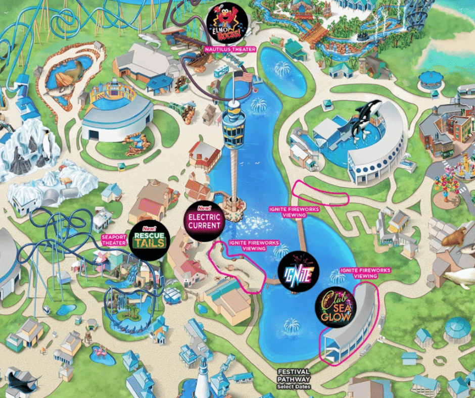 Electric Ocean Map and Best Fireworks Viewing Area from SeaWorld Orlando. Keep reading for more SeaWorld 4th of July tips during Electric Ocean this summer Independence Day!