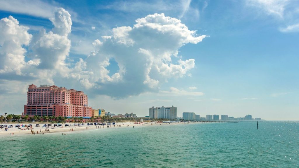 Clearwater Beach Florida shoreline with Pink hotel Hyatt Regency. Making it the best beach close to Disney.