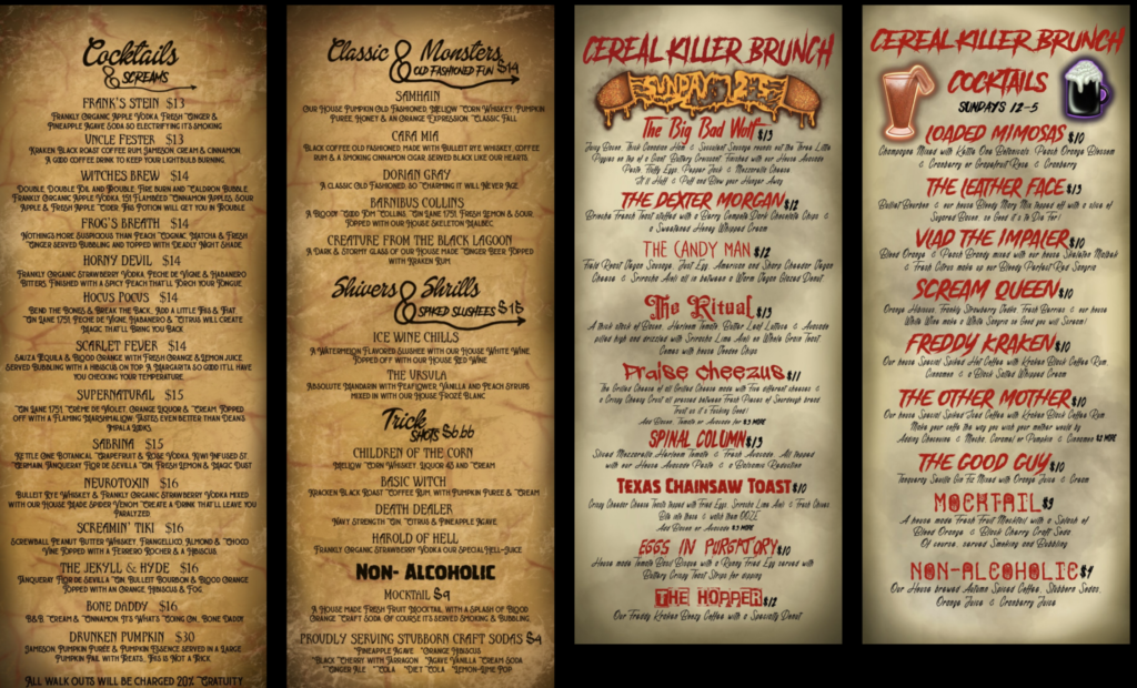 Cocktails and Screams Halloween Bar Menu