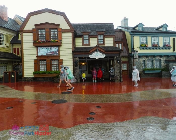 Rainy day in Liberty Square Shops At Magic Kingdom Orlando Florida. Keep reading to know what to wear to Disney World in May and what to pack for Disney World in May.
