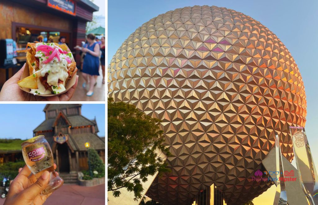 Epcot International Food and Wine Festival with a photo collage of Spaceship Earth, copa of vino and a featured snack dish from the festival. Keep reading to discover the most romantic things to do at Disney World. 