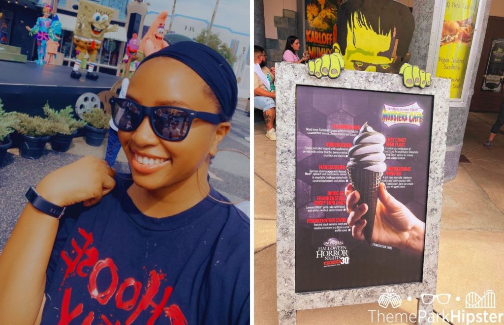 NikkyJ at HHN 30 in front of Spongebob and Patrick Universal Orlando Halloween Horror Nights with sunglasses and comfortable black Halloween t-shirt. Keep reading to discover what to wear to Halloween Horror Nights 2024.