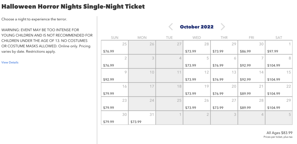 Halloween Horror Nights Ticket Prices and Dates