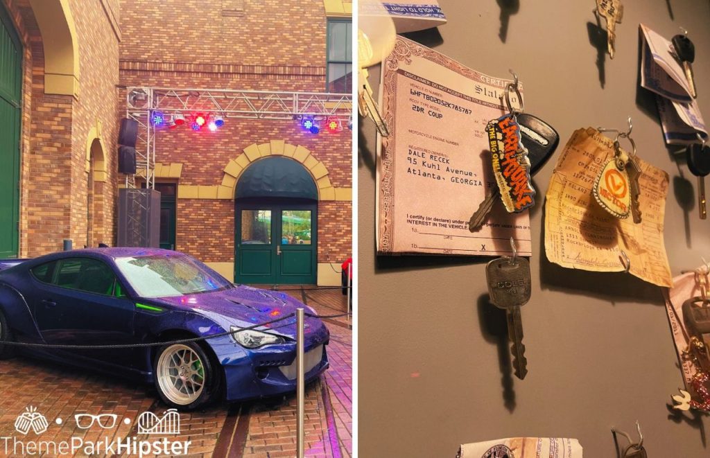 Universal Orlando Fast and Furious Earthquake secret key in queue next to blue car. Keep reading to get the best movies to watch before going to Universal Studios.