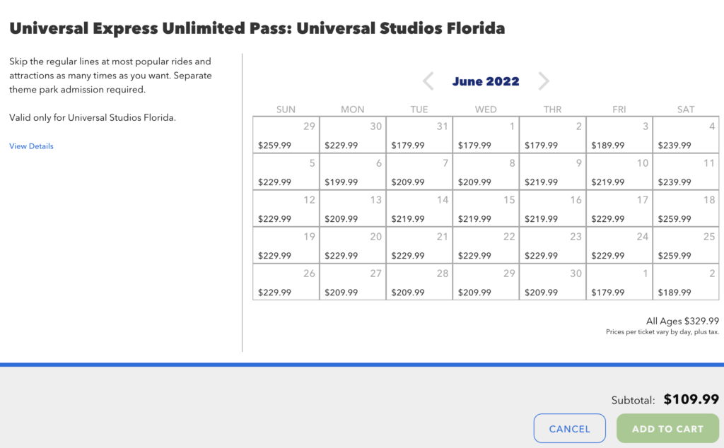 Universal Orlando Resort Express Pass Prices by Calendar Date
