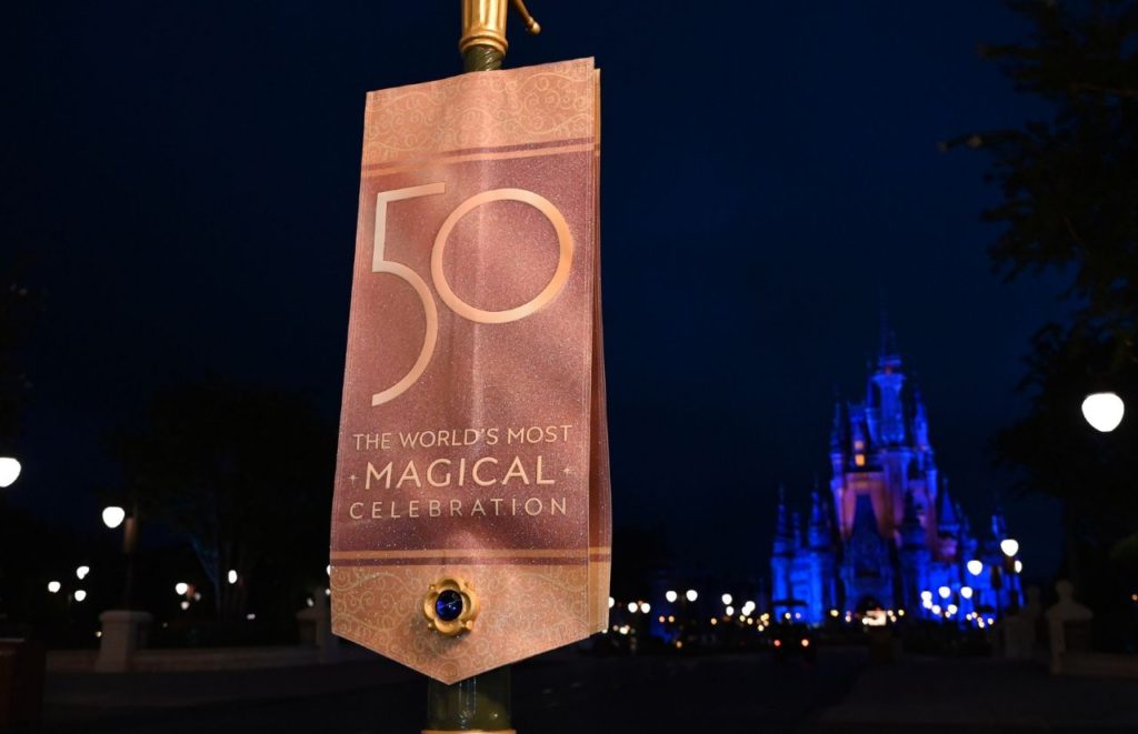 Disney World 50th Anniversary Celebration New regal jeweled banners are installed on Main Street, U.S.A. in Magic Kingdom Park at Walt Disney World Resort in Lake Buena Vista, Fla. Photographer Todd Anderson