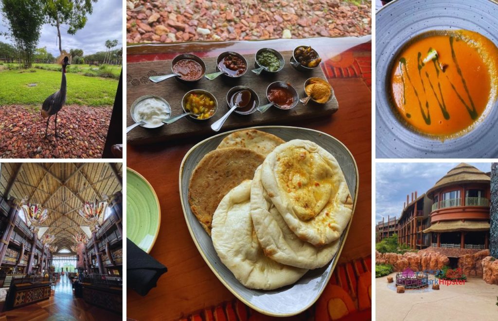 Sanaa Disney Restaurant at Animal Kingdom Lodge with a collage of photos of bread service with dips, animal overlooking dinner, bowl of vibrant fresh orange colored soup, the outer exterior and the grand high ceilings of the interior. Keep reading to learn the 25 most romantic things to do at Disney World for couples