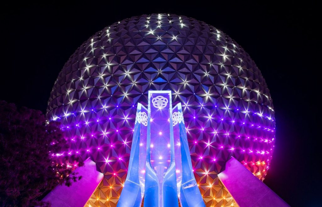 Spaceship Earth Beacon of Magic at night at Walt Disney World Resort in Lake Buena Vista, Fla. Photographer Todd Anderson Disney World 50th Anniversary Celebration