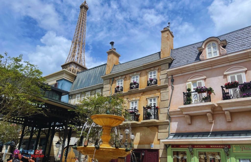 Eiffel Tower from Remy area of Epcot France Pavilion. One of the best epcot rides ranked from worst to best for your disney world vacation.