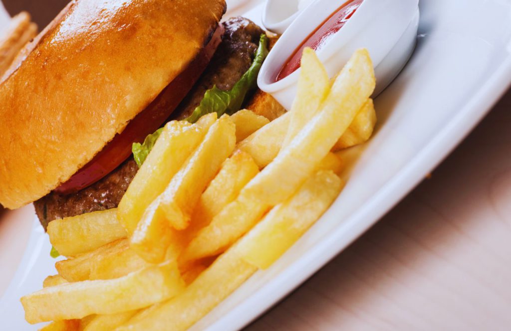 Burger and Fries with ketchup at Disney World Magic Kingdom Food Cosmic Ray's Starlight Cafe