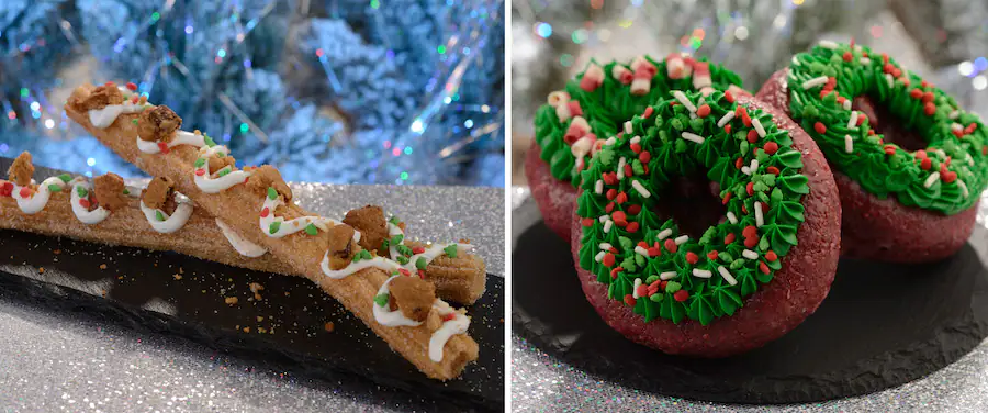 Christmas Cookie Churro and Christmas Wreath Doughnut at Disney for the Holidays at the Magic Kingdom. Keep reading to get the best Disney Christmas treats and desserts on this foodie guide.
