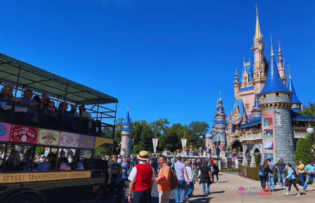 Cinderella Castle for 50th Anniversary Celebration with the Omnibus Lake Buena Vista Florida. Keep reading to know what the best days to visit Disney World parks and how to use the Disney World Crowd Calendar.