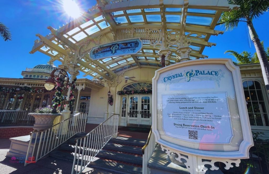 Crystal Palace Menu Display near the Entrance at Magic Kingdom. One of the best Disney World bucket list items to put on your to-do list.