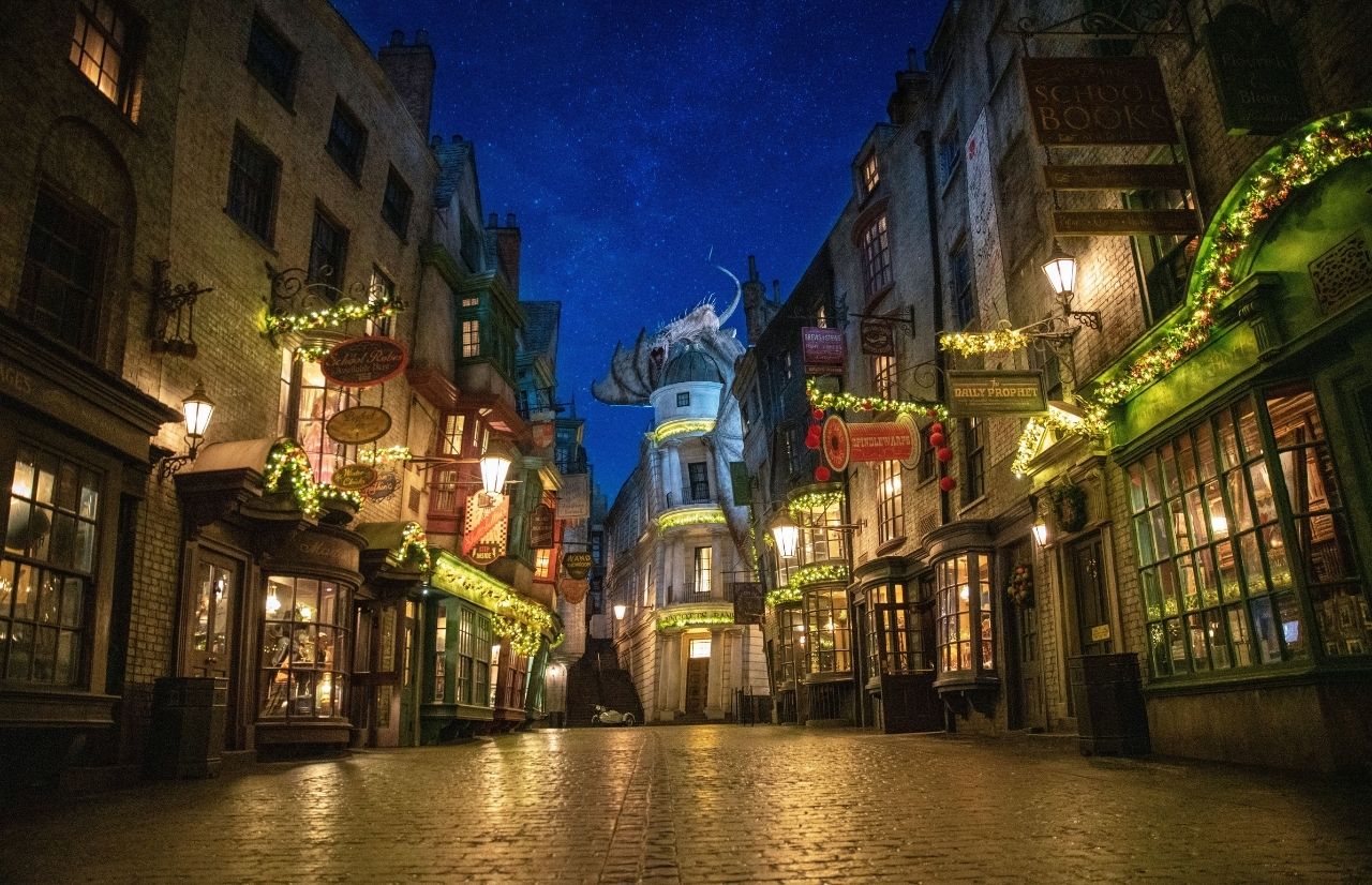 Diagon Alley at Christmas in The Wizarding World of Harry Potter