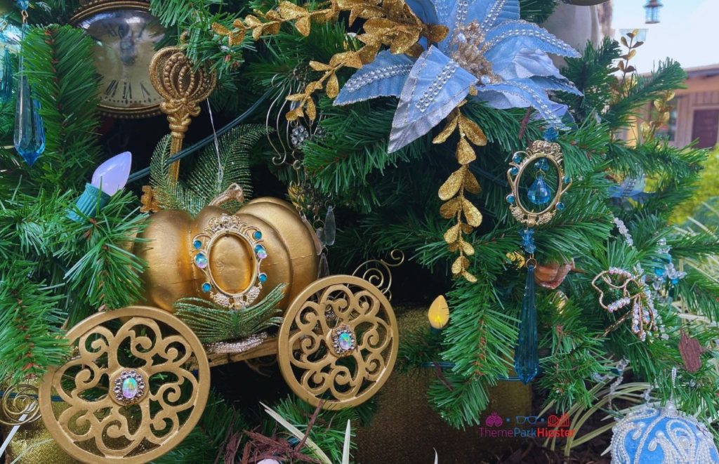 Disney Spring Christmas Tree Trail Cinderella Christmas Tree. Keep reading to get the full guide on Christmas at Disney Springs!