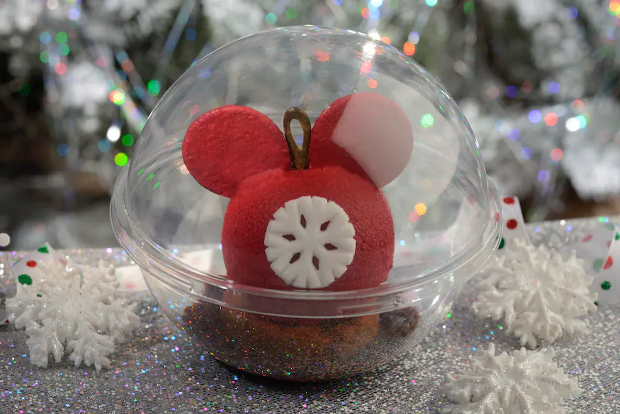 Main Street Bakery Mickey Mousse Ornament Treat with gingerbread mousse for holiday food at Disney.