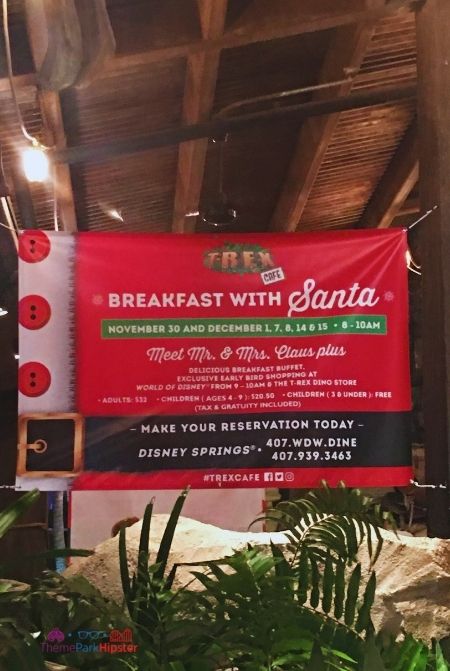 Meet and have breakfast with Santa at T-Rex Cafe in Disney Springs. Keep reading to get the full guide on Christmas at Disney Springs!