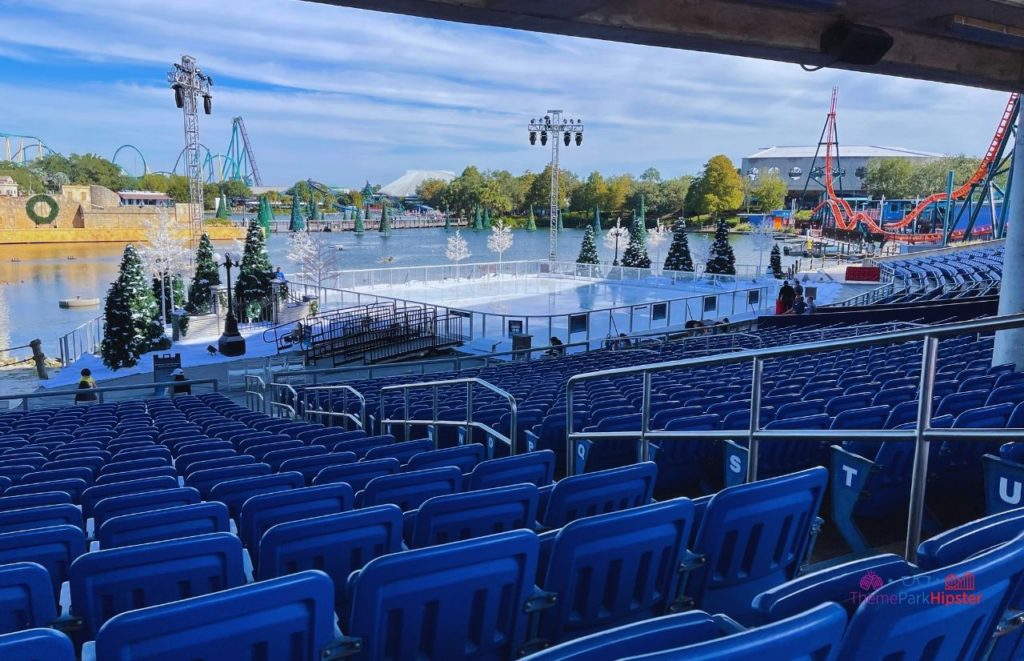 SeaWorld Christmas Celebration Bayside Stadium with Ice Skating Ring. Keep reading to learn about Christmas at SeaWorld Orlando!