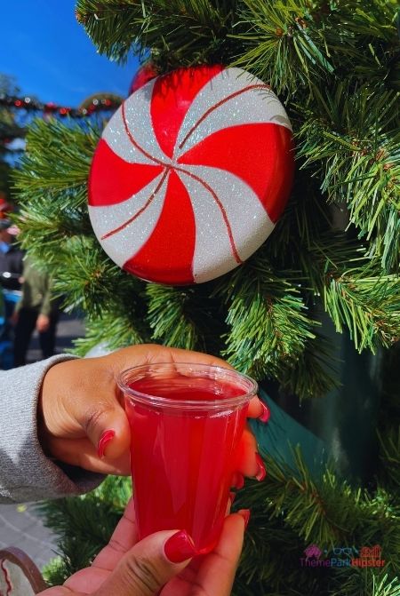 SeaWorld Christmas Celebration Holiday Cocktail in front of Christmas Tree. Keep reading to learn about Christmas at SeaWorld Orlando!