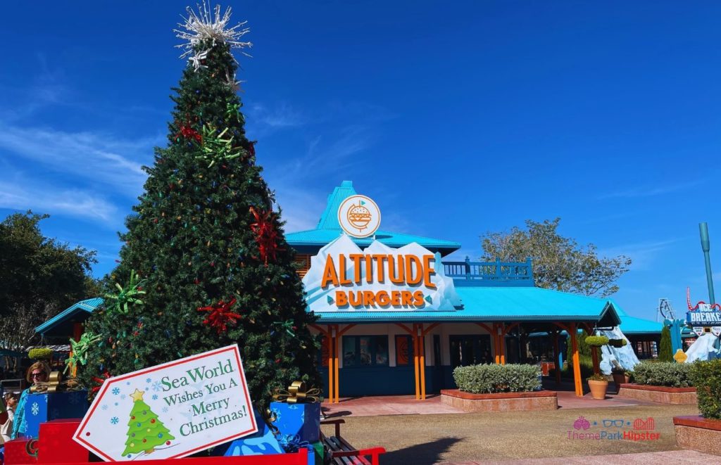 SeaWorld Christmas Celebration Holiday Tree in Front of Altitude Burgers