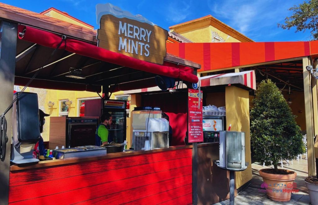 SeaWorld Christmas Celebration Merry Mints Booth. Keep reading to learn about Christmas at SeaWorld Orlando!