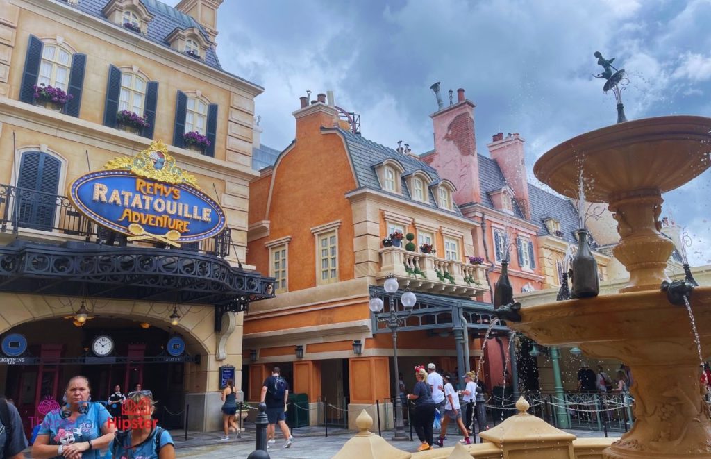 Remy’s Ratatouille Adventure Entrance with Water Fountain Epcot Orlando Florida. One of the best rides at Disney World for Genie Plus.