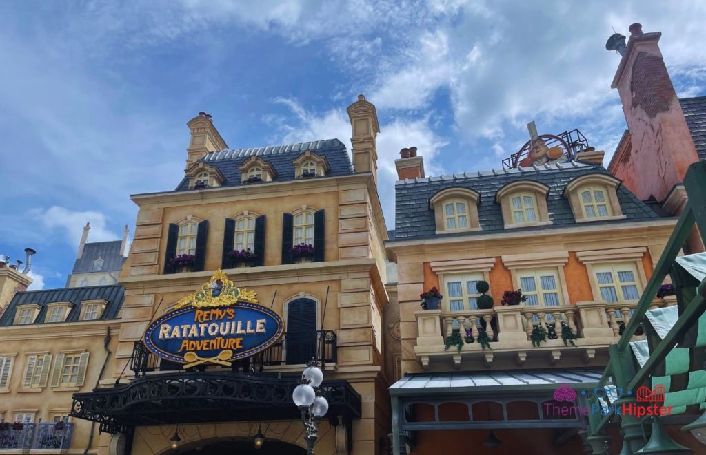 Remy’s Ratatouille Adventure Front Entrance. Keep reading to get the Best EPCOT Genie Plus Rides  and Lightning Lane.