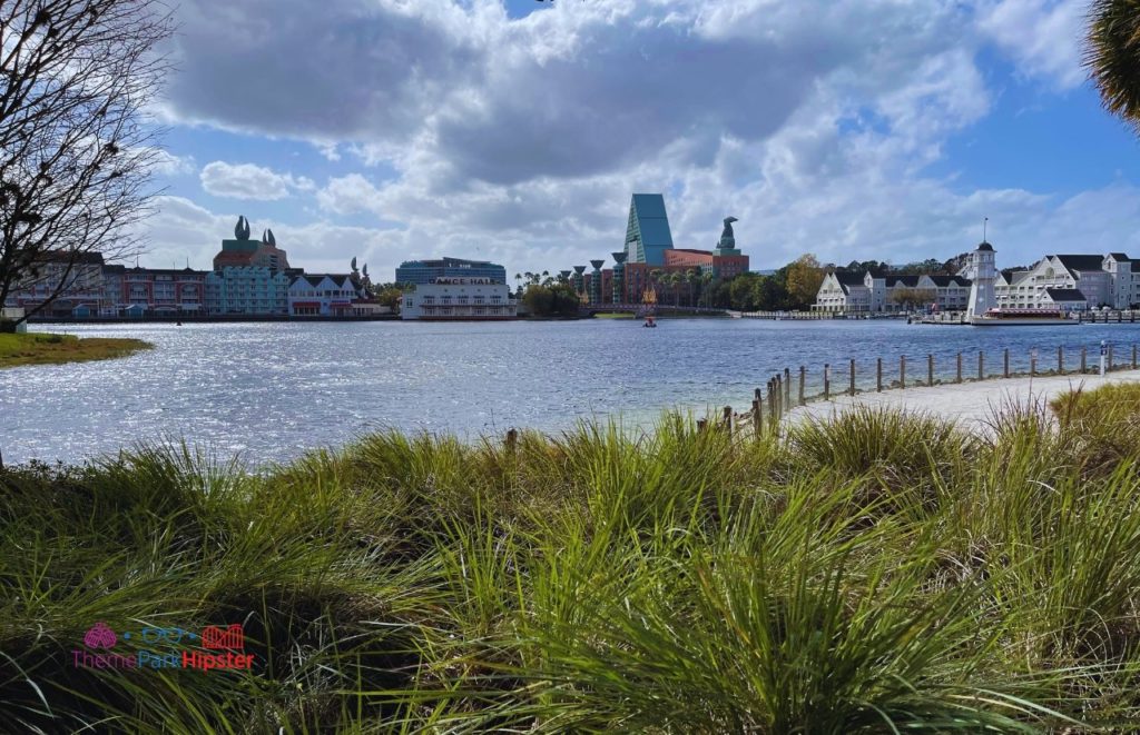 Beach Club Resort Epcot Lagoon with Swan and Dolphin Boardwalk and Yacht Club at Disney's Beaches and Cream Soda Shop.