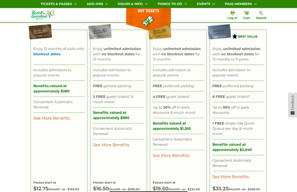 Busch Gardens Annual Pass Comparison Chart