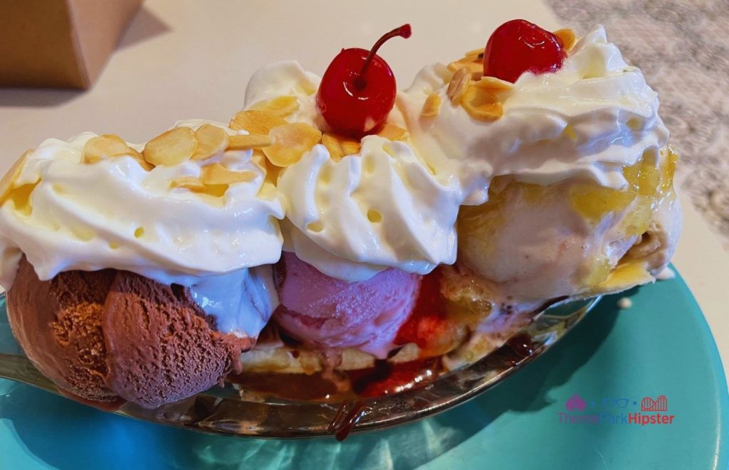 Disney Beach Club Resort Hotel Beaches and Cream Banana Split with Chocolate Strawberry and Vanilla Ice Cream at Disney's Beaches and Cream Soda Shop.