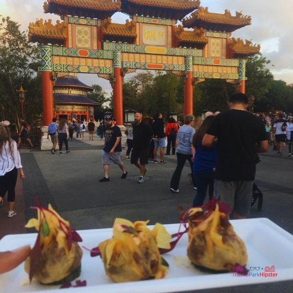 Wontons from China Pavilion at Epcot Festival of the Arts. Keep reading to get the full Epcot Festival of the Arts Menu!