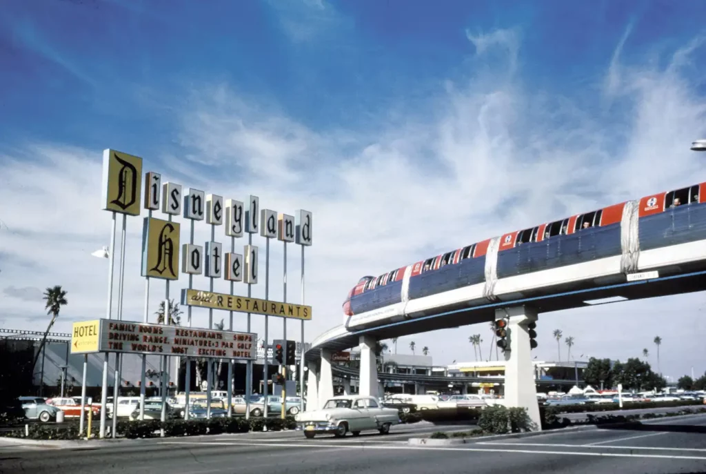 Disneyland Hotel with Monorail Going By in 1955. Disneyland Monorail high quality photos.