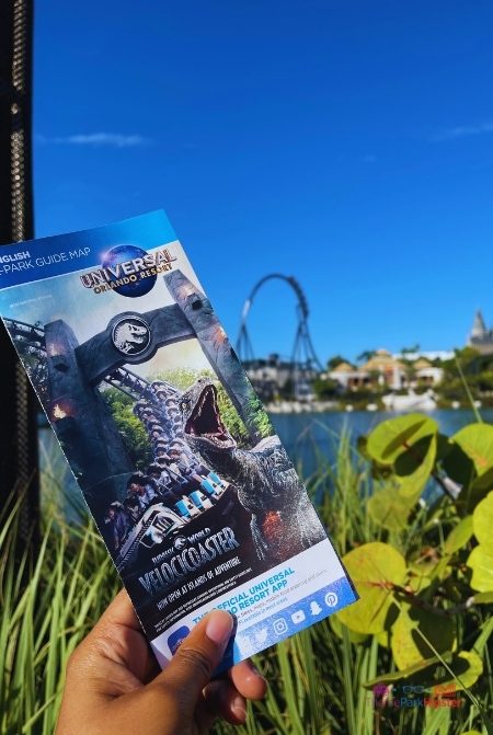 Islands of Adventure Park Map overlooking lagoon with Velocicoaster. Keep reading to know where to find discount and cheap Universal Studios tickets.