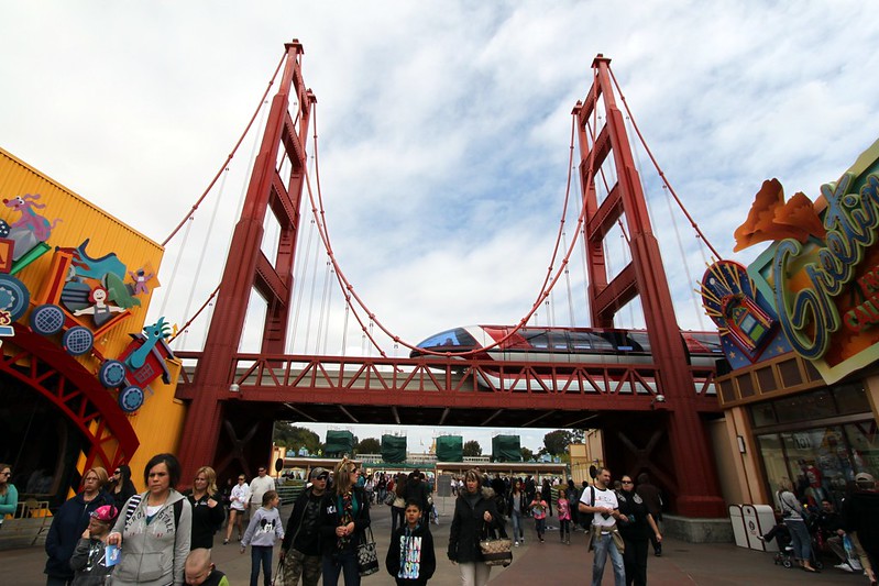 Monorail passing through Golden Gate Bridge at Disney California Adventure March 2011