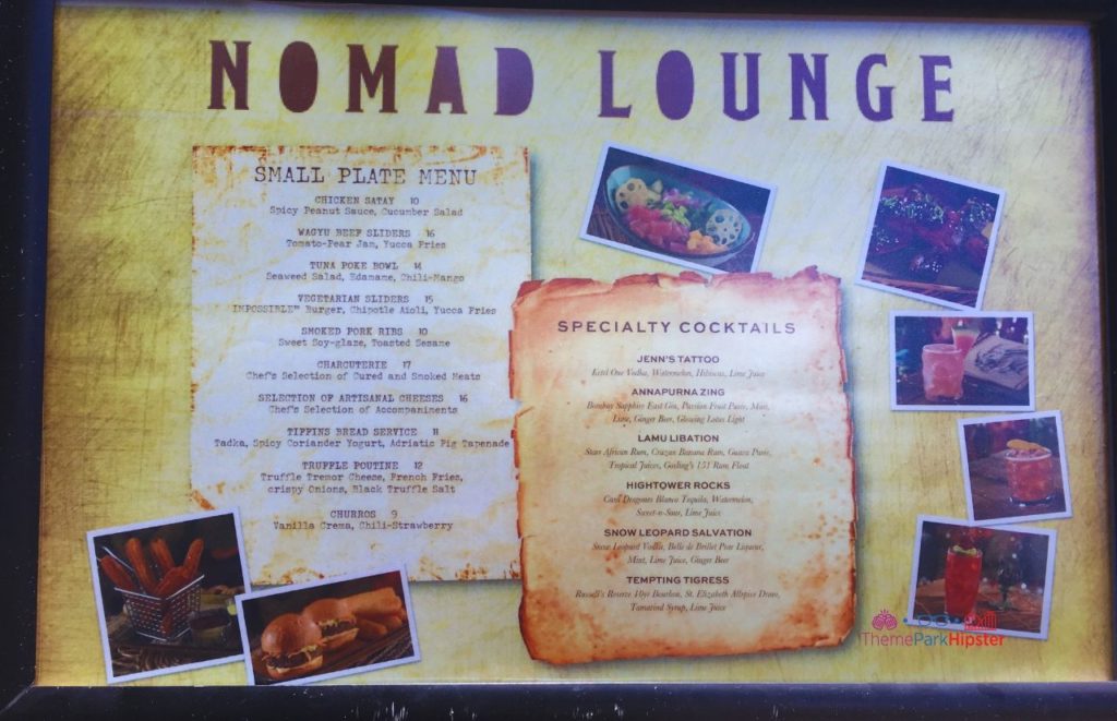 Nomad Lounge in Animal Kingdom Menu Outside with Jenn's Tattoo, Annapurna Zing, Lamu Libation, Hightower Rocks, Snow Leopard Salvation, Tempting Tigress. Keep reading to get the best drinks at Animal Kingdom in Walt Disney World.
