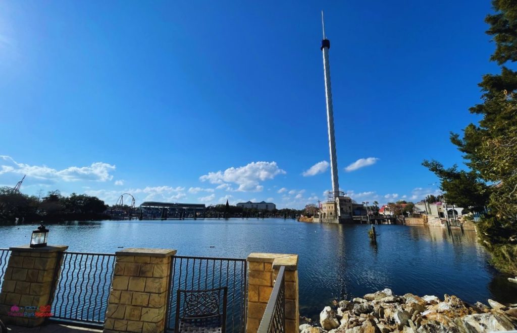 Beautiful Lagoon at SeaWorld with Sky Tower and Roller coasters